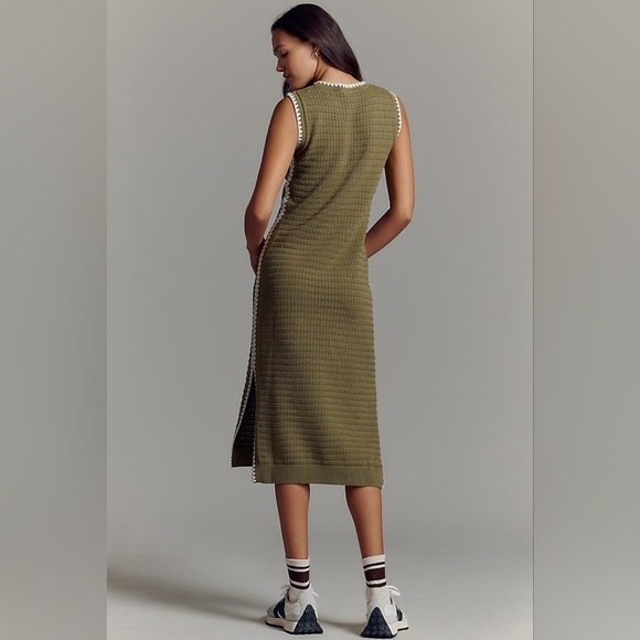 NWT Varley Dwight Knit Midi Dress- Olive With Cream Trim - Picture 3 of 6